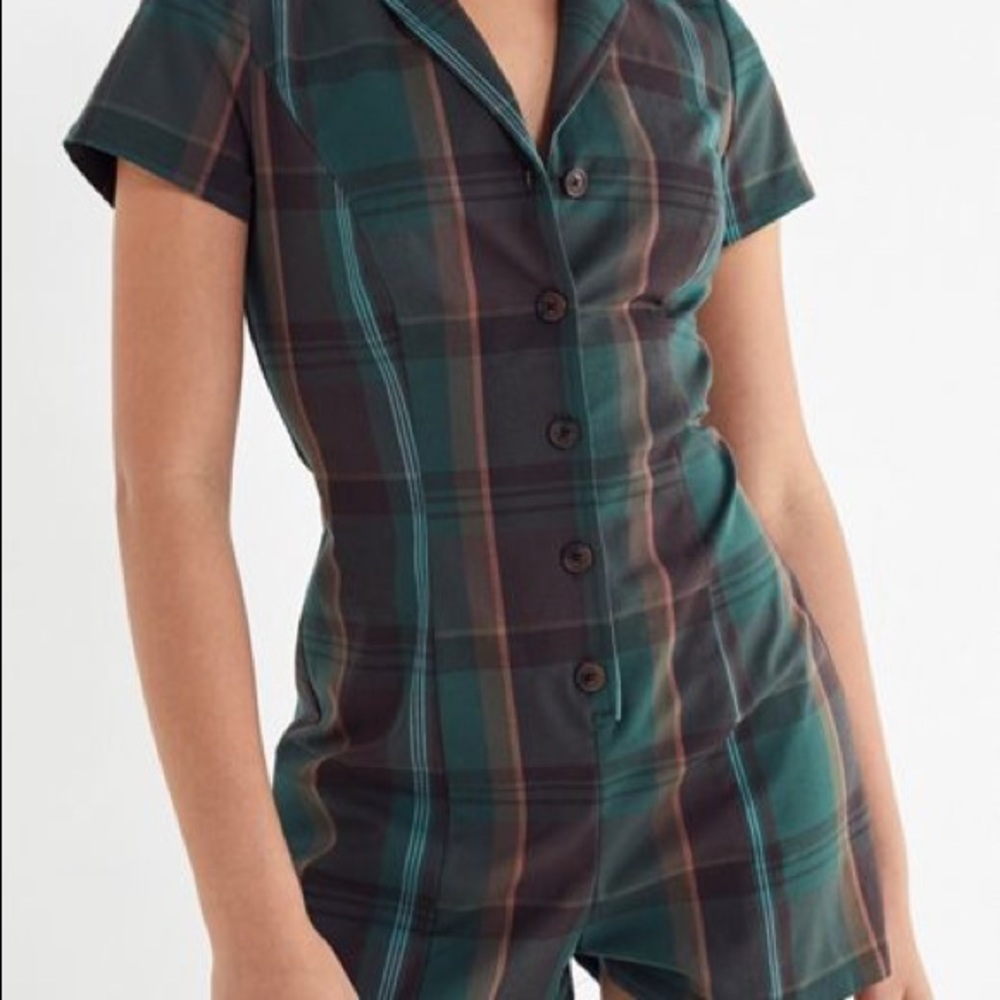urban outfitters green plaid button down romper